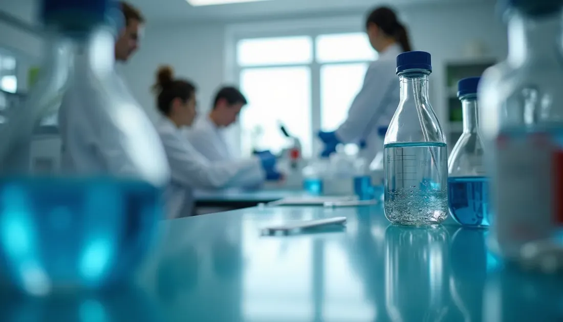 Eye-level view of a pharmaceutical laboratory with analytical instruments