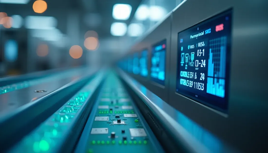 Close-up view of pharmaceutical manufacturing equipment with digital data displays