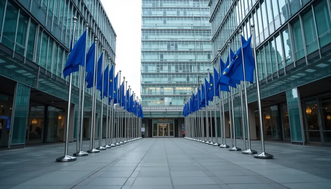 Eye-level view of a European Medicines Agency building entrance with EU flags