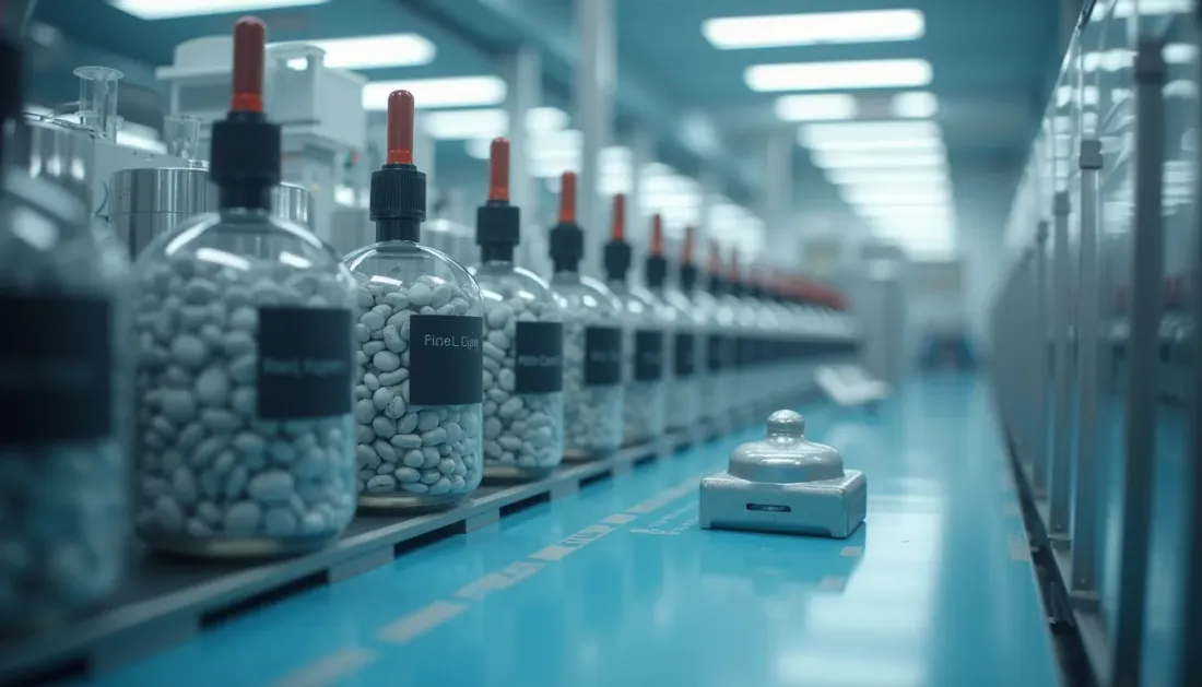 Close-up view of pharmaceutical manufacturing equipment in a cleanroom