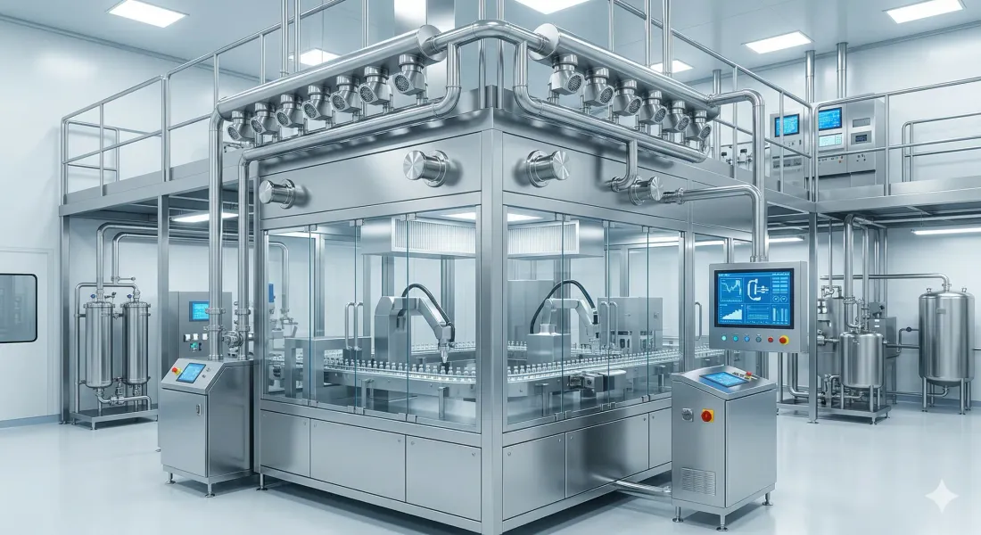 Modern, automated pharmaceutical lab with robotic arms, stainless steel machinery, and digital screens. Clean and futuristic setting.