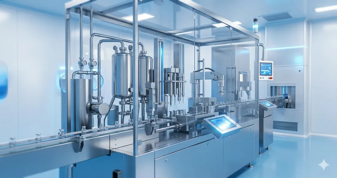 Sterile lab with shiny metal machinery, blue lighting, control panels, and empty glass vials on a conveyor. Modern and clean atmosphere.