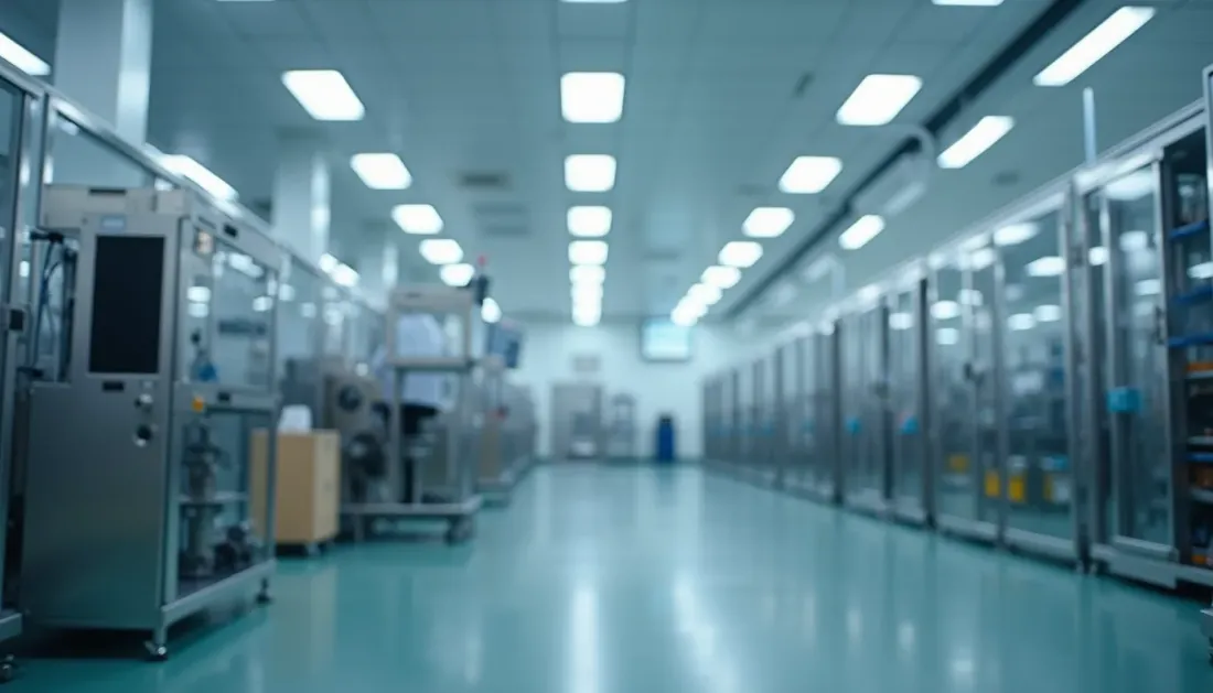 Eye-level view of pharmaceutical manufacturing equipment in a cleanroom