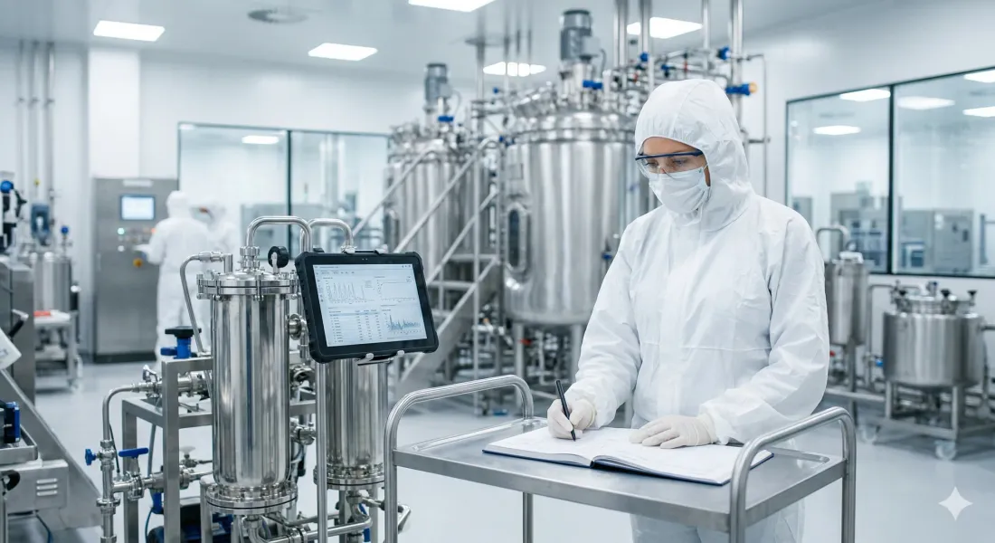 Scientist in protective gear writes in a lab notebook beside industrial equipment. A screen shows data. Sterile laboratory setting.