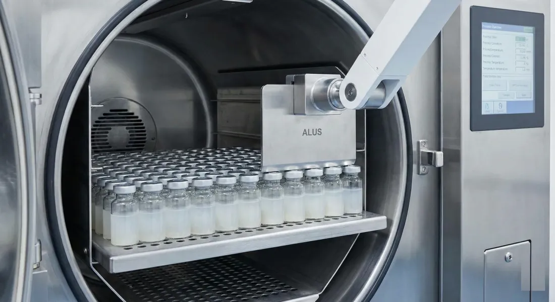 Automatic loading system (ALUS) pushing vials into a pharmaceutical freeze dryer.