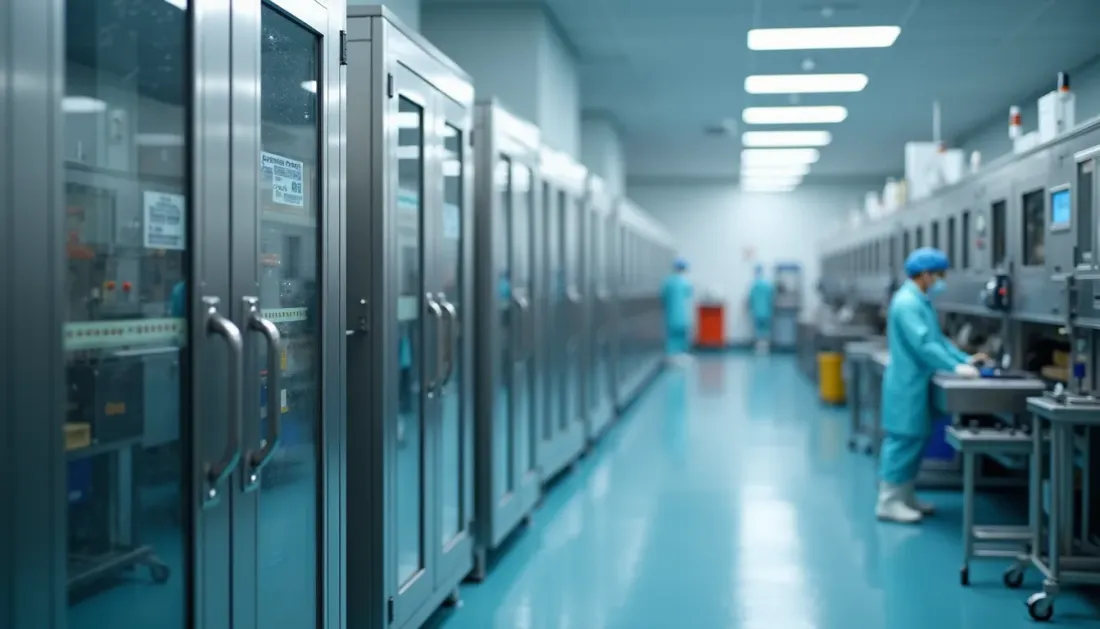 Eye-level view of pharmaceutical manufacturing equipment in a cleanroom