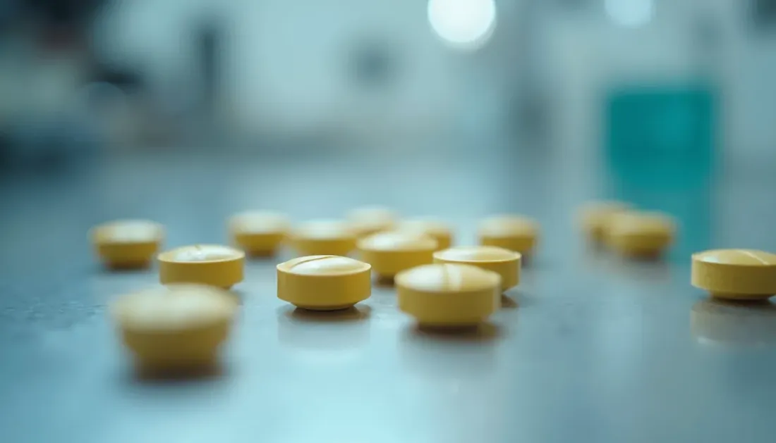 Close-up view of pharmaceutical tablets in a quality control lab