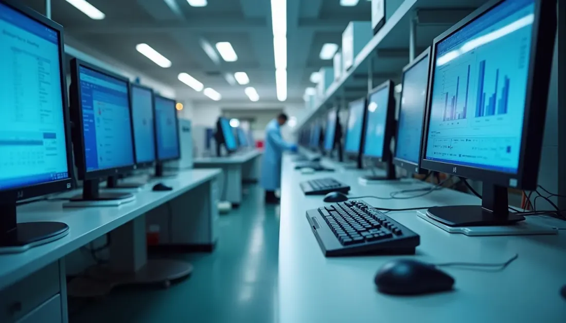 Eye-level view of a pharmaceutical quality control lab with data review on computer screens