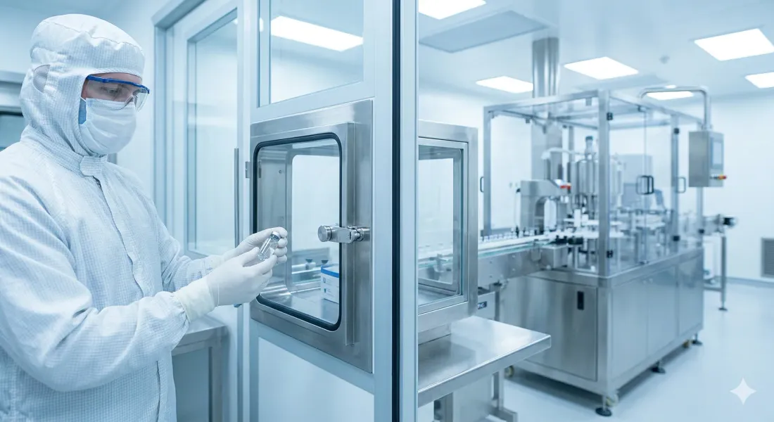 Technician in a clean suit inspects a vial in a sterile lab. Stainless steel equipment and bright lighting convey a clinical setting.