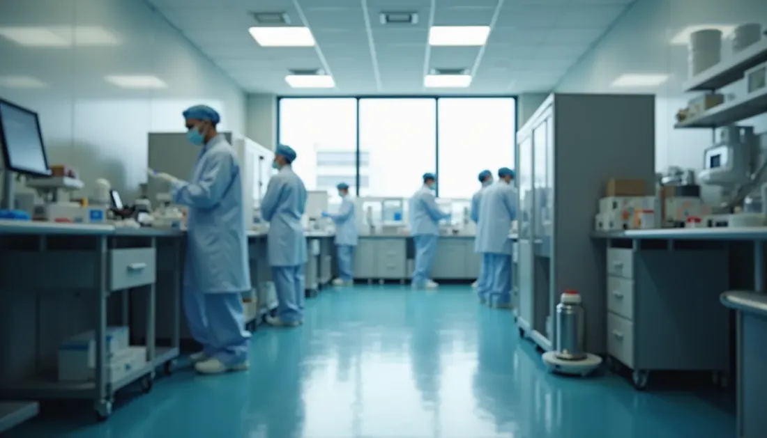 Eye-level view of a pharmaceutical manufacturing cleanroom with equipment