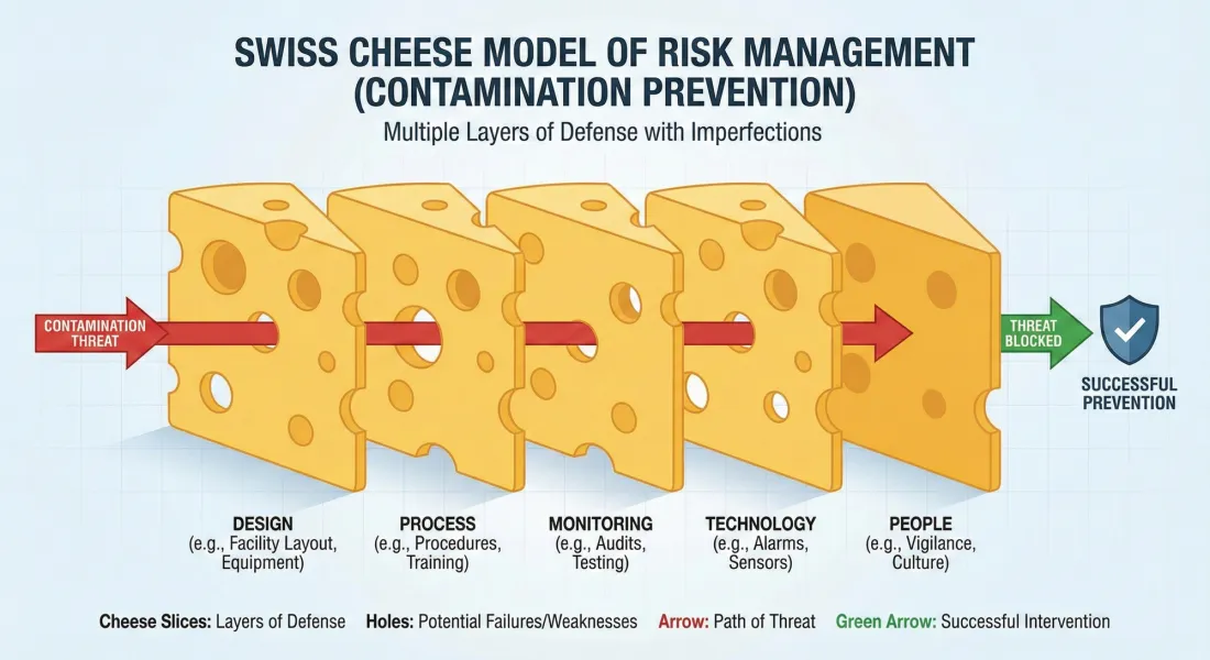 Swiss Cheese Model illustrating layers of contamination control in pharma.