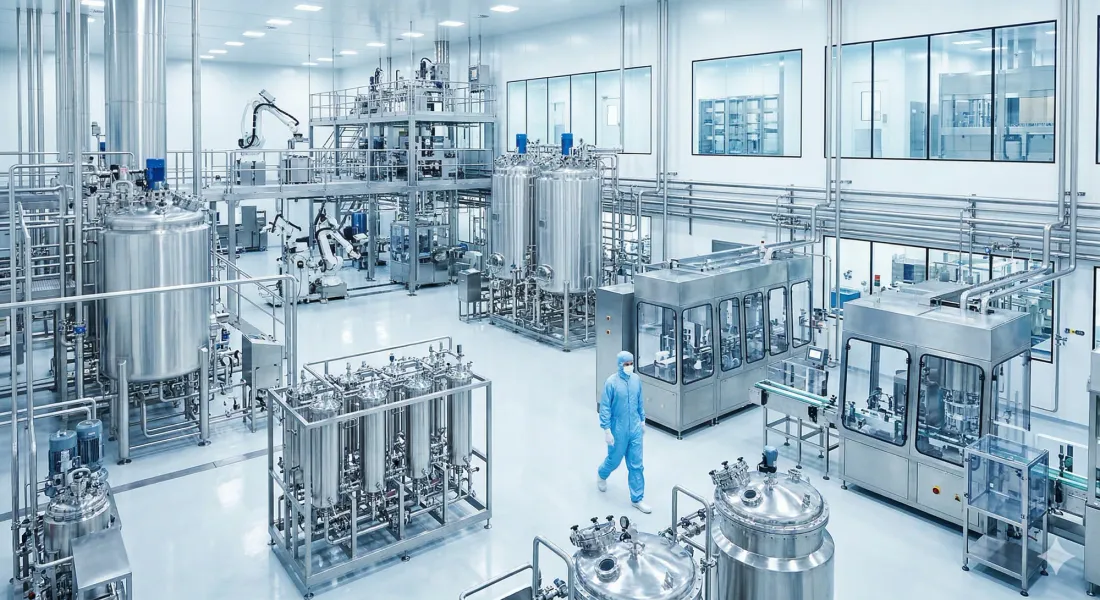 Sterile industrial lab with large stainless steel tanks and machinery. A person in blue protective gear walks through the bright, clean space.
