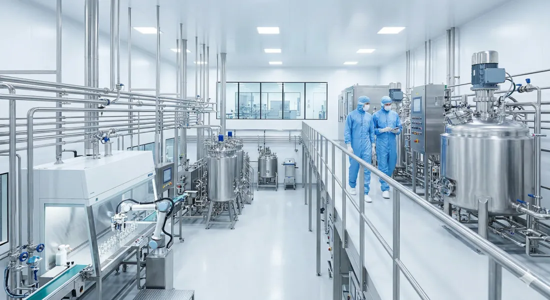 Scientists in blue protective suits walk through a sterile, high-tech lab with stainless steel equipment and bright lighting.
